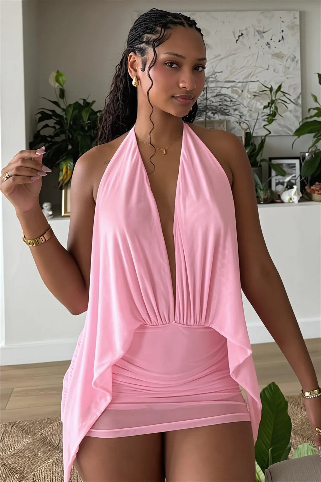 Solid Mesh Halter Backless Mini Dress