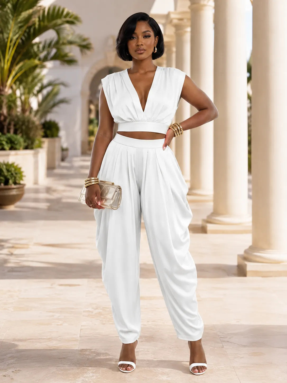 Solid Color Backless Deep V Neck Crop Top Ruched Pants 2pcs Set