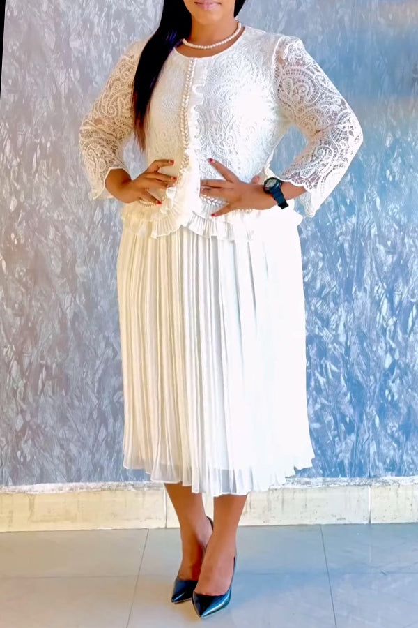 Vintage Lace Ruffle Top & Pleated Skirt Set