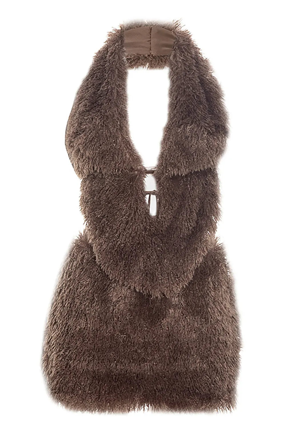 Plunge Neck Halter Fuzzy Top Solid Color Bodycon Mini Skirt Set-Brown