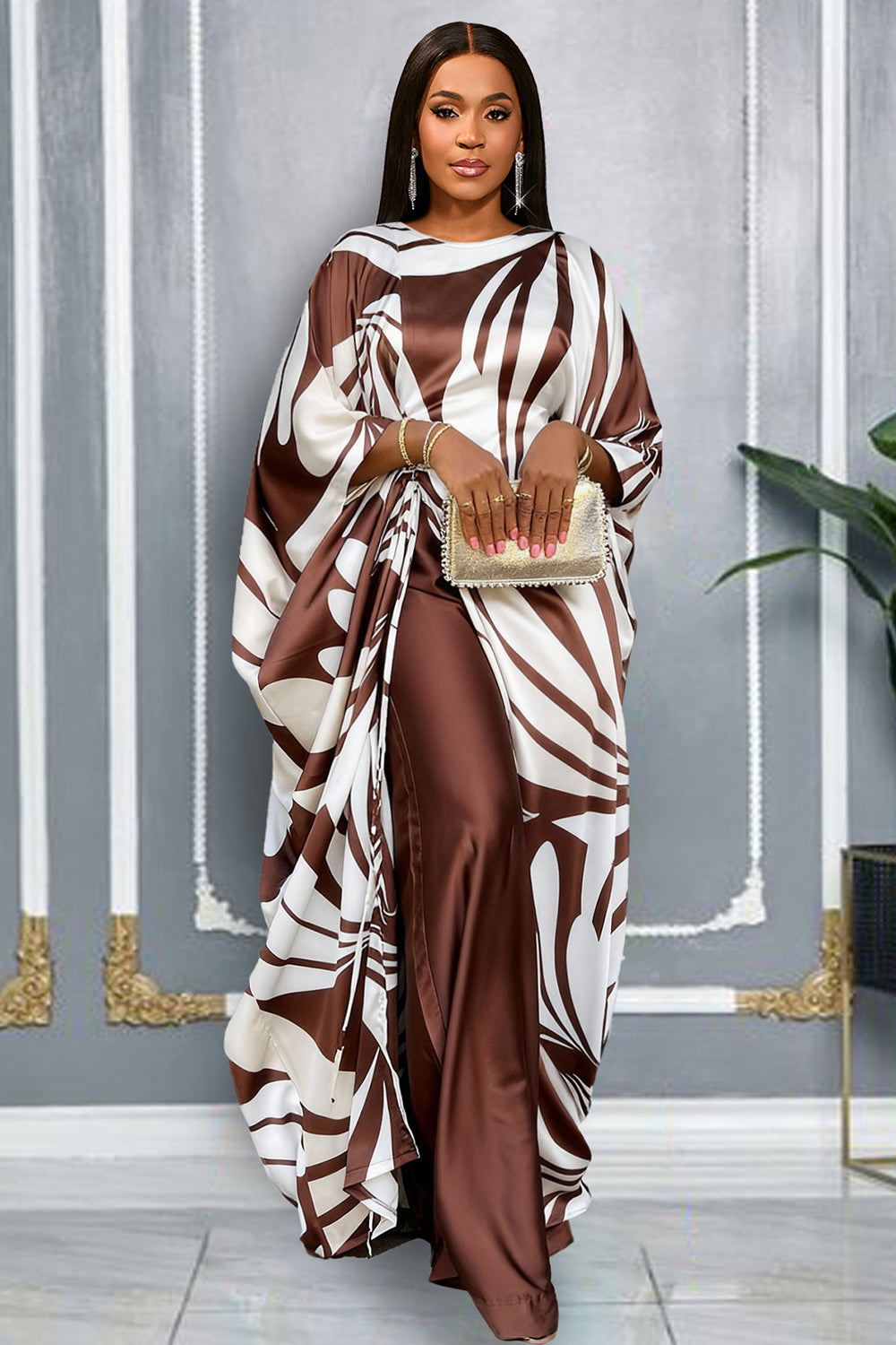 All Over Print Half Sleeve Ruched Top Elastic Waist Pants Matching Set-Brown