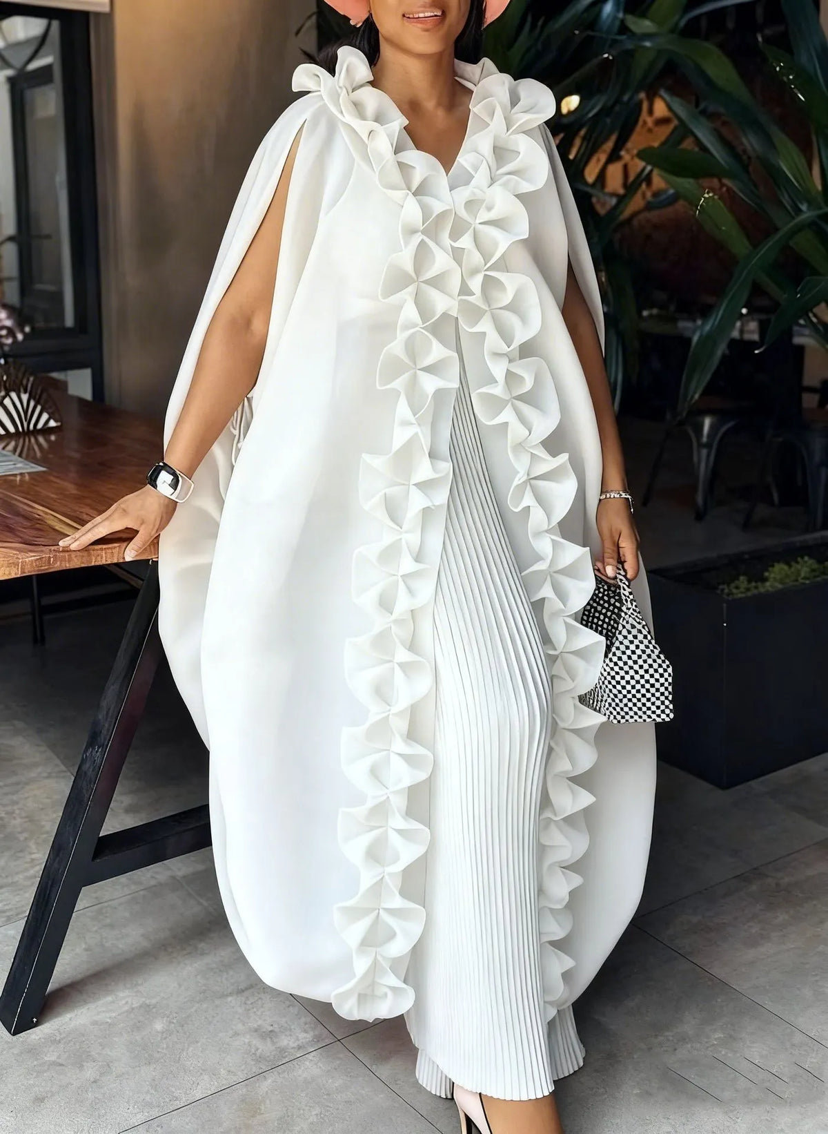 Ruffle Trim Cape Overlay & Pleated Wide-Leg Pants Two-Piece Set