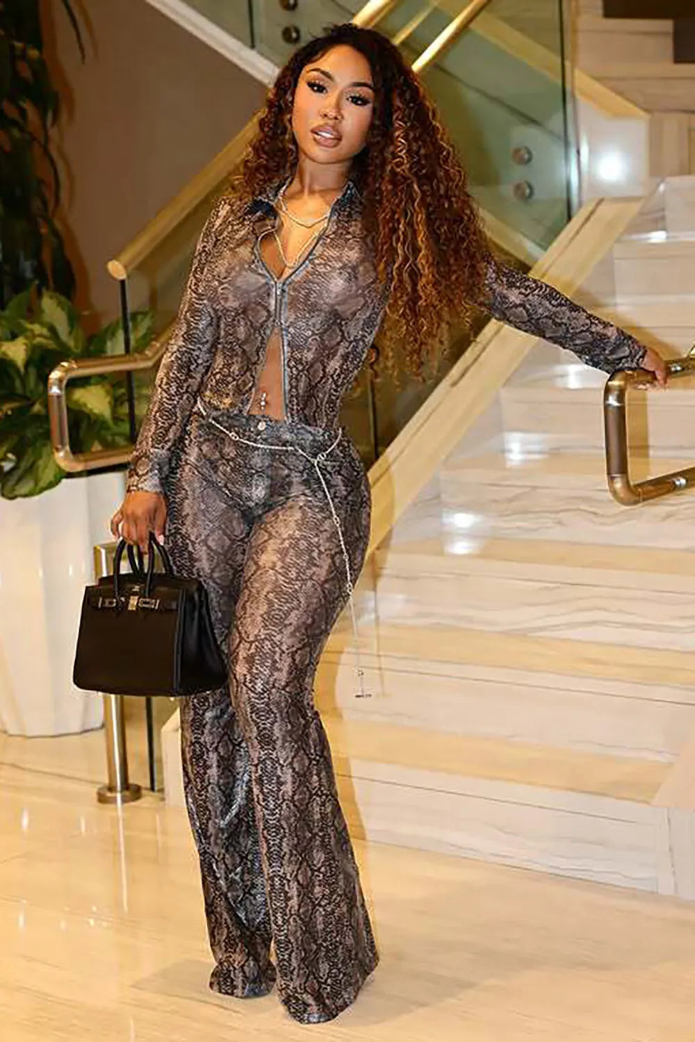 Snake Print Long Sleeve Button Up Blouse Semi Sheer Pants 2pcs Set-Grey