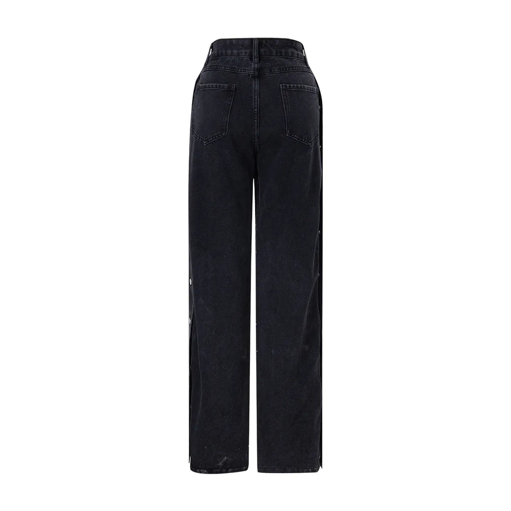 High-Waisted Rhinestone Embellished Side Button Jeans