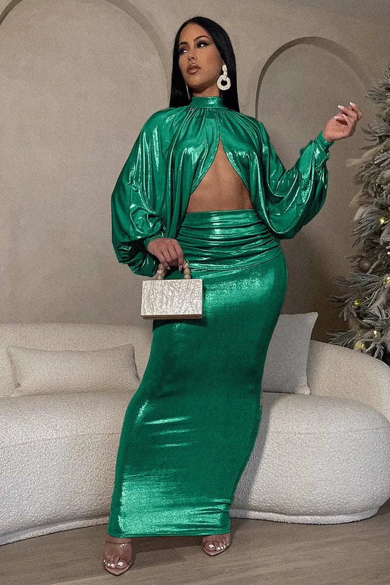High Neck Long Lantern Sleeve Irregular Hem Top Ruched Maxi Skirt Bronzing Party Matching Set