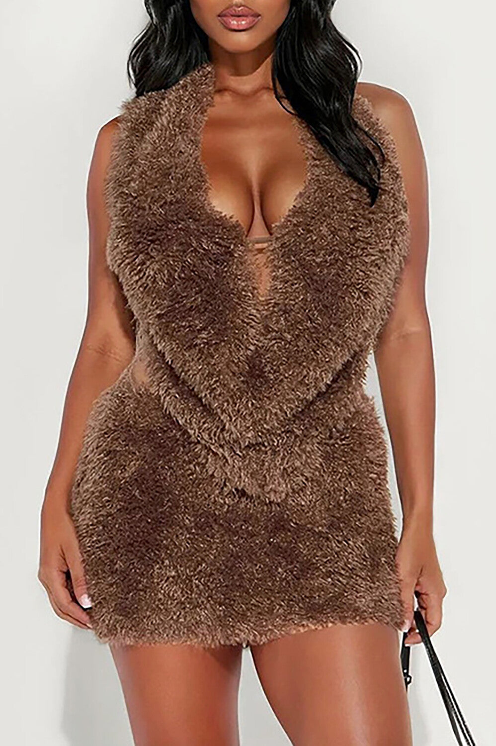 Plunge Neck Halter Fuzzy Top Solid Color Bodycon Mini Skirt Set-Brown
