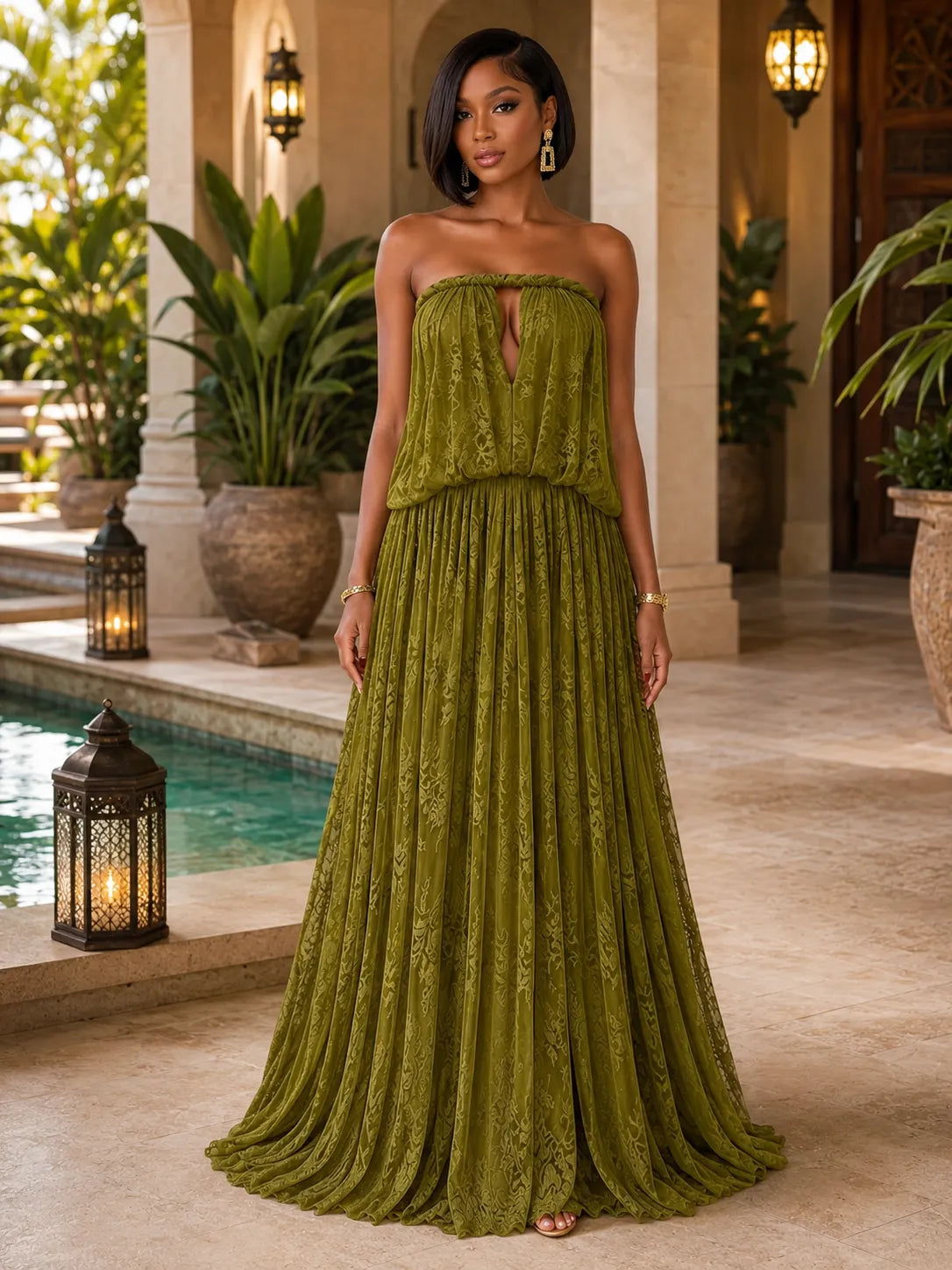 Strapless Cut Out Lace Ruffle Hem Loose Fit Maxi Dresses