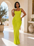Square Neck Wide Strap Cinched Waist Ruched Bodycon Gowns Maxi Dresses