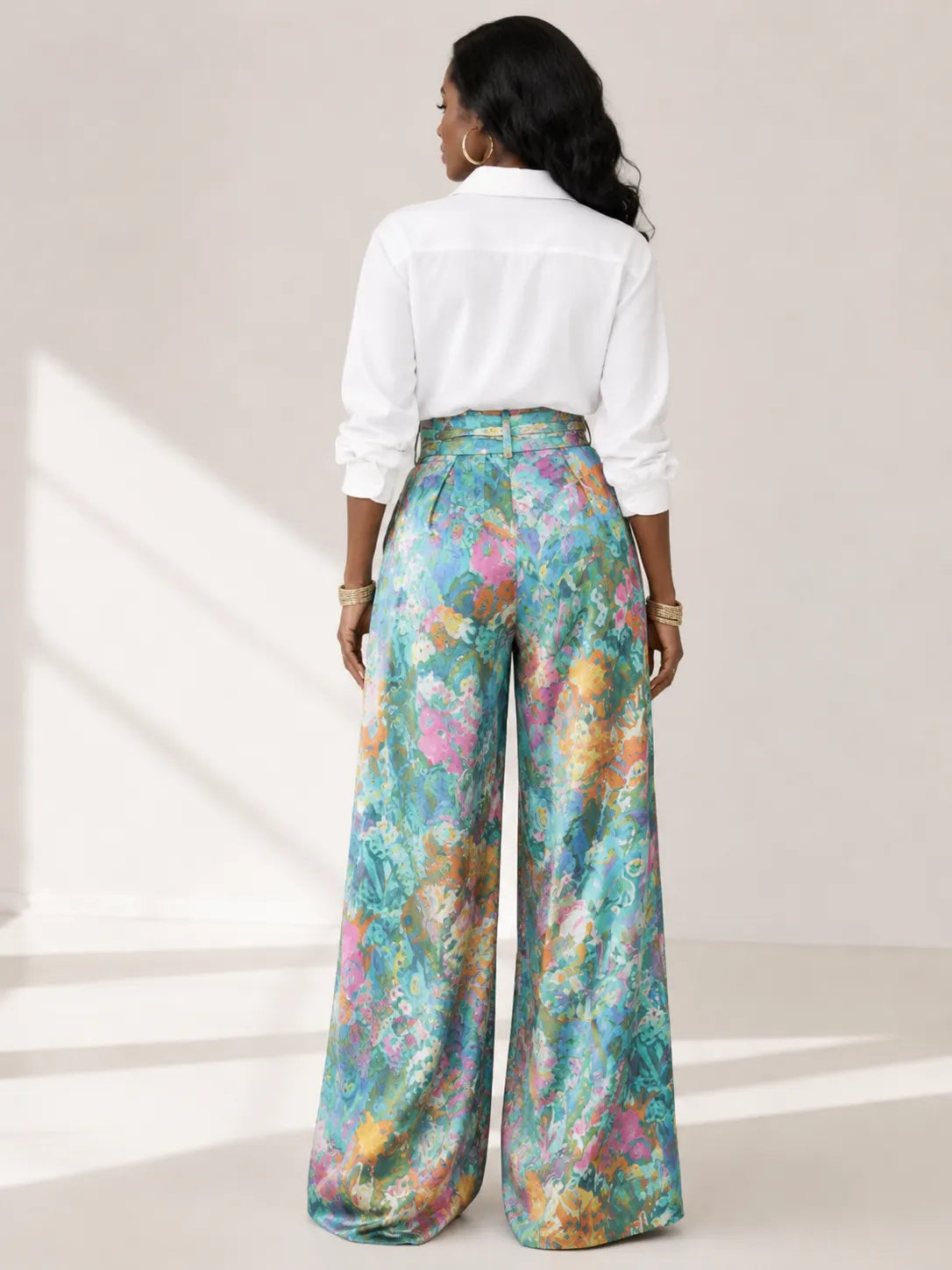 Floral Print High-Waist Wide Leg Pants with Tie Belt