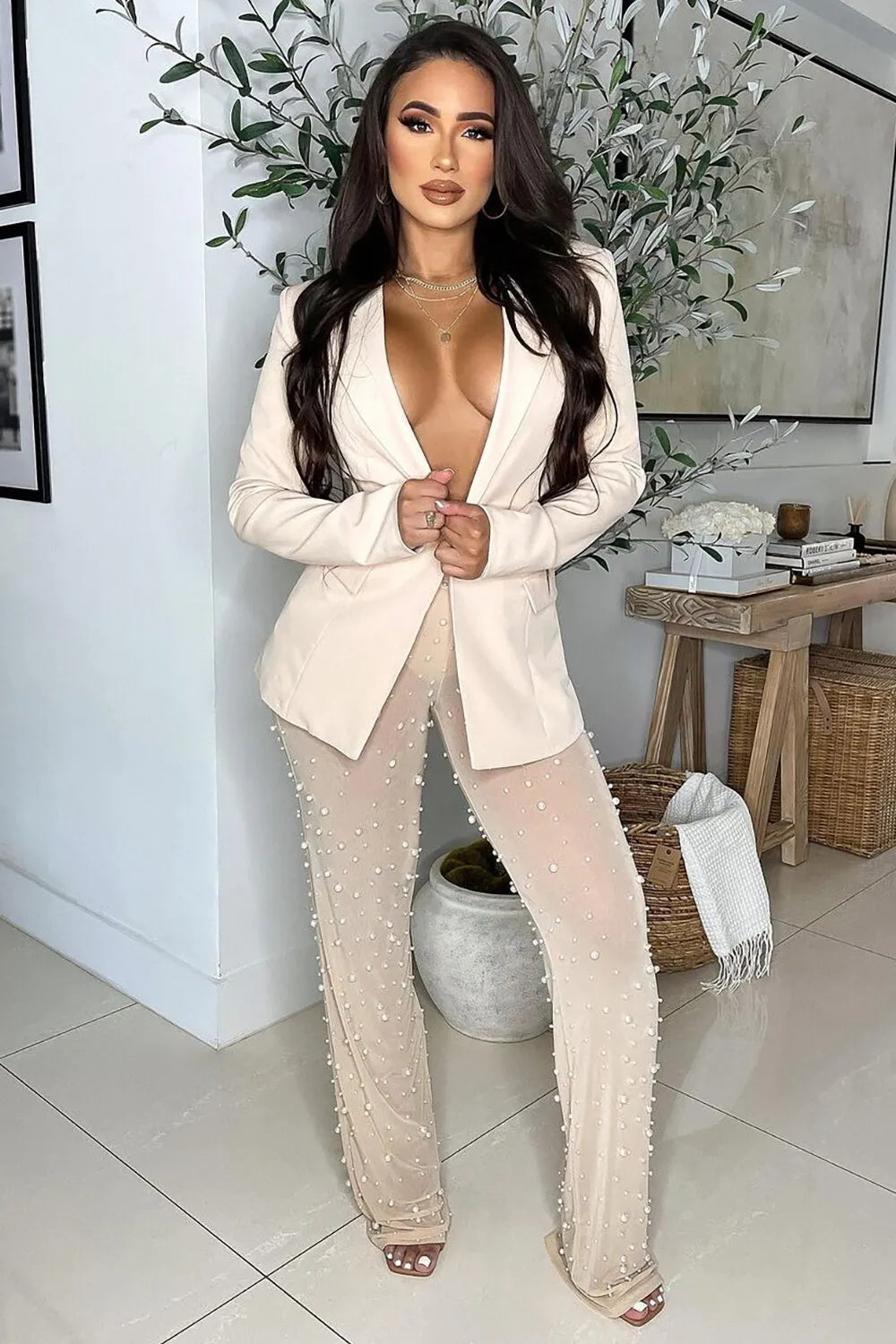 Deep V Neck Blazer Beady See Through Mesh Pants Matching Set-Black