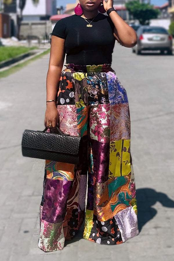 Retro High Waist Printed Wide Leg Pants