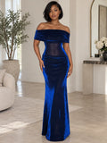 Off-Shoulder Velvet Mesh Waist Mermaid Gown