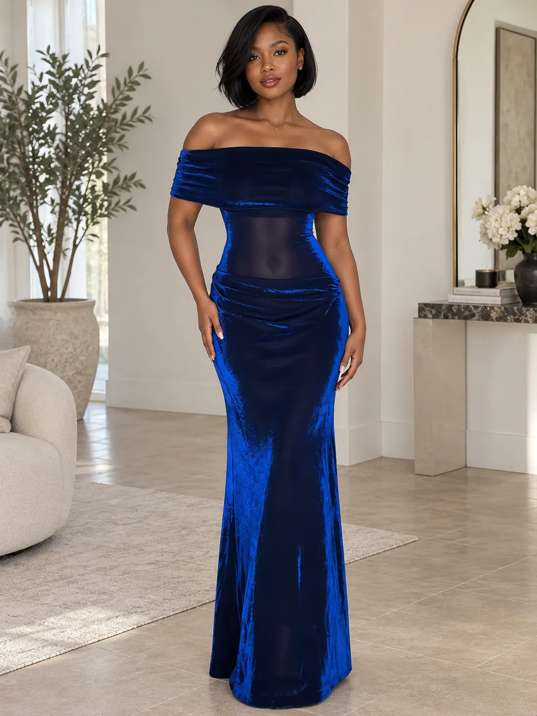 Off-Shoulder Velvet Mesh Waist Mermaid Gown