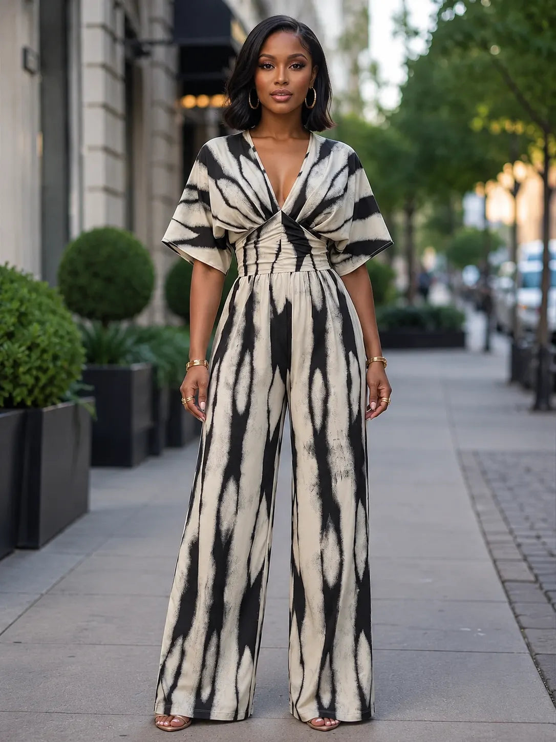 Tie Dye Print Batwing Sleeve High Waist Casual Jumpsuit