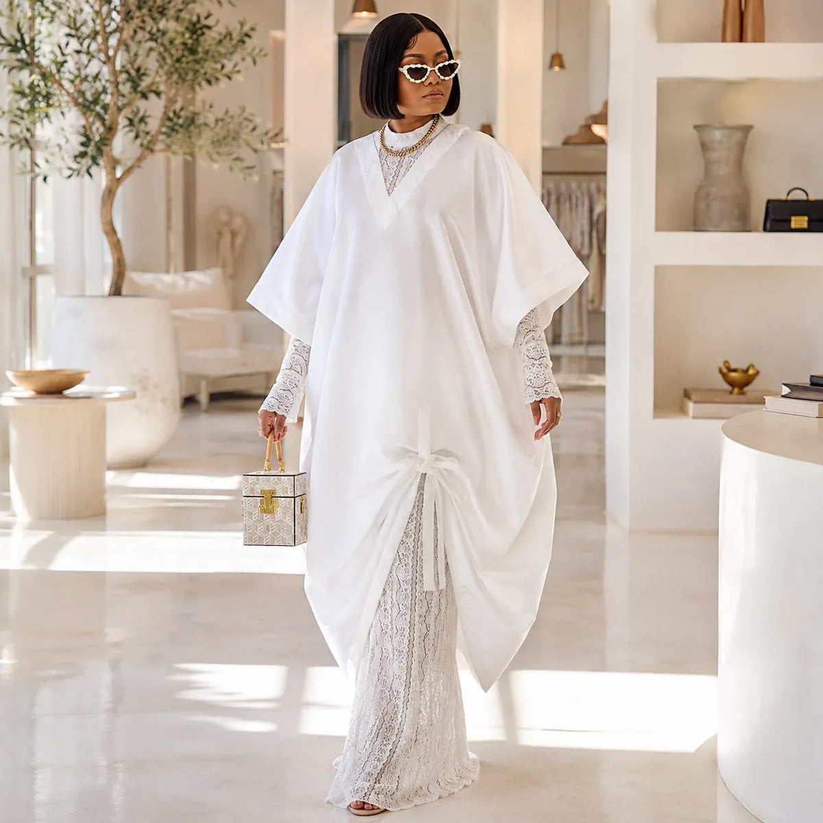 Lace V-Neck Kaftan Two-Piece Set with Tie-Front Overlay