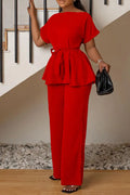 Slash Neck Belted Top & Wide Leg Pants Set