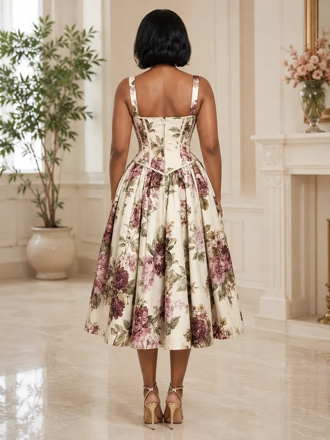 Floral Corset Bustier Pleated Midi Dress