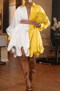 Ladies' Fashionable Bubble Sleeve Shirt With Contrasting Asymmetrical Hem Dress And Belt