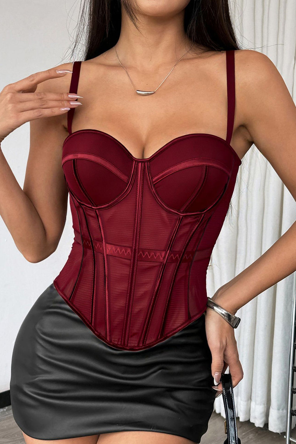 Adjustable Straps Cinched Waist Slim Mesh Bodice Corset-Burgundy