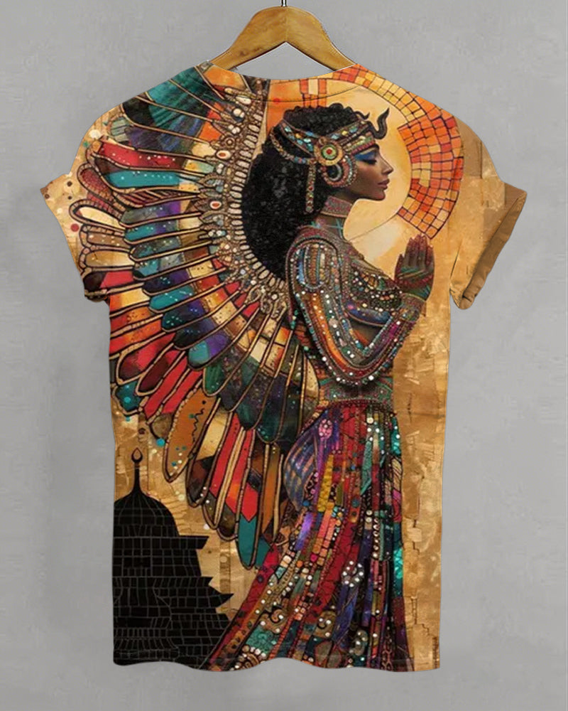 Egyptian Goddess Prayer Print Crew Neck Short Sleeve T-Shirt