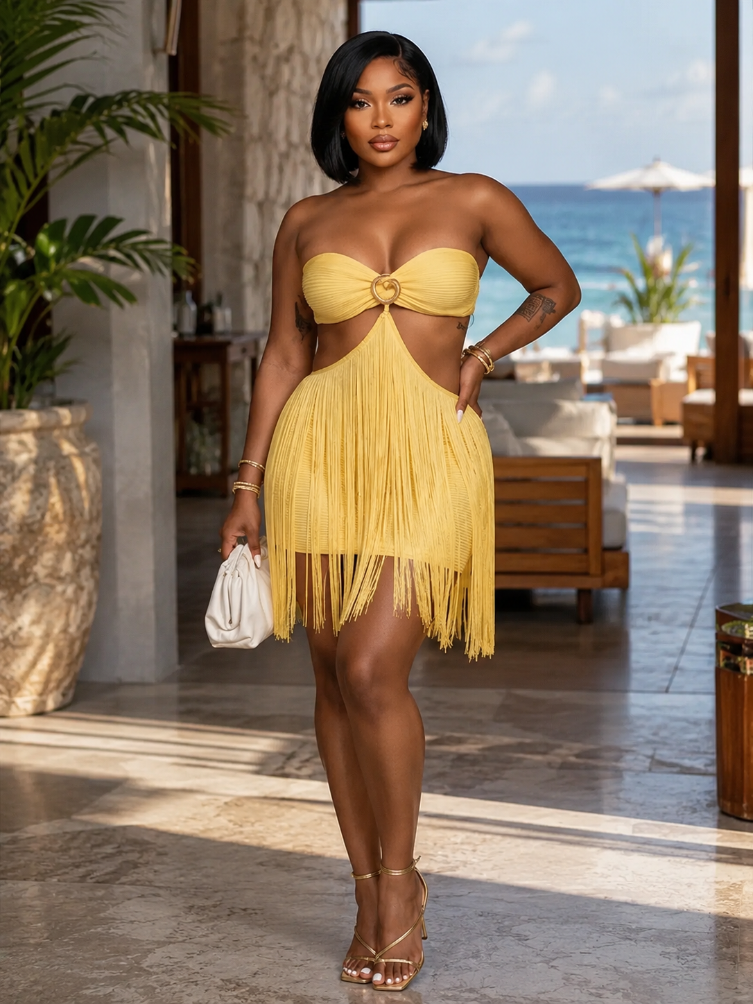 Strapless Metal Decor Cut Out Backless Fringe Party Mini Dresses
