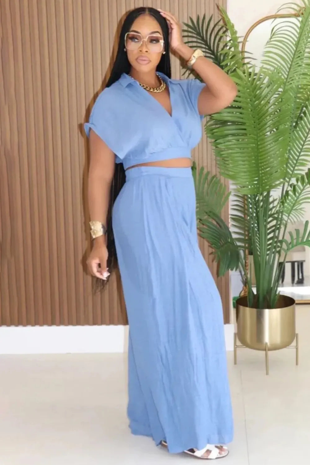 V Neck Dropped Shoulder Blouse Wide Leg Pants 2pcs Set-Pink [Pre Order]