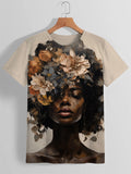 Women's Black Woman Flowers Oil Painting Art Printed Casual T-Shirt