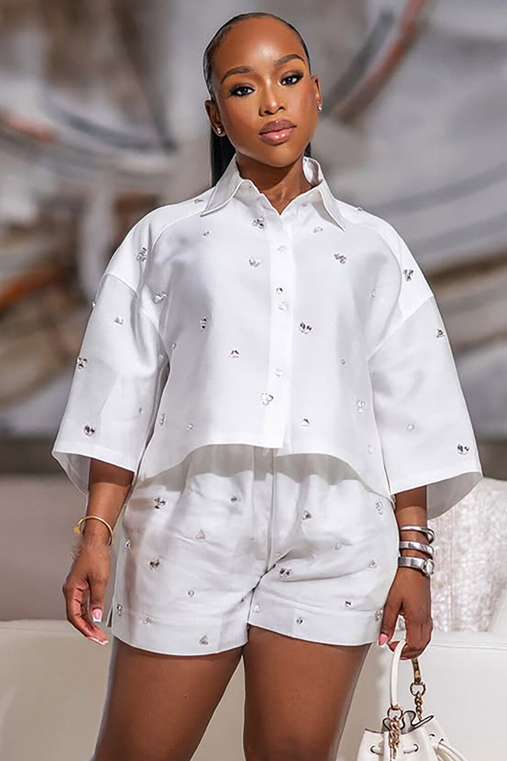Rhinestone Decor Turndown Collar Crop Blouse Shorts 2pcs Set-White