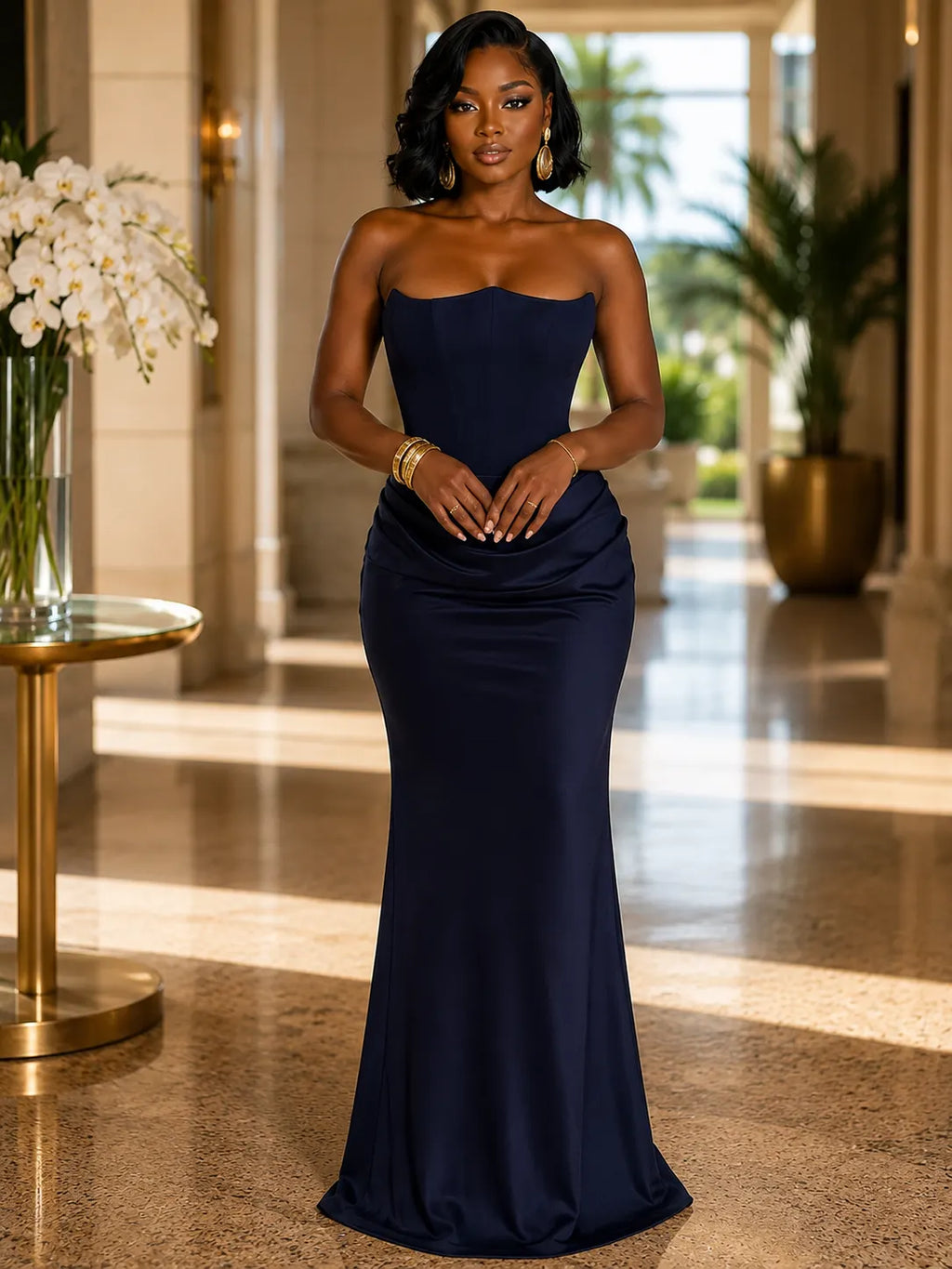 Strapless Fishbone Draped Slim Fit Evening Gowns Maxi Dresses