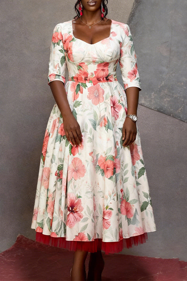 Elegant Floral Mesh Panelled Midi Dress