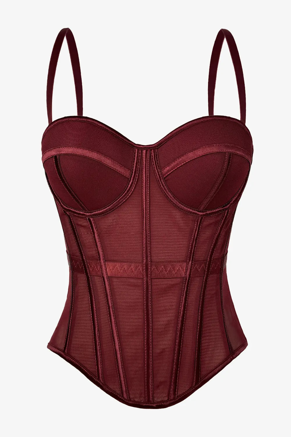 Adjustable Straps Cinched Waist Slim Mesh Bodice Corset-Burgundy