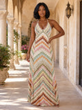 Colorblock Halter V Neck Hollow Out Knit Backless Party Maxi Dresses