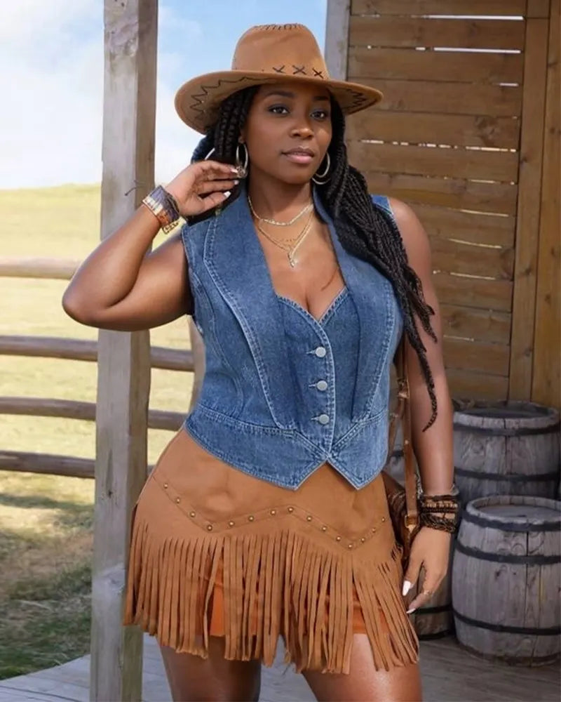 Boots On The Ground Single-Breasted Casual Denim Waistcoat