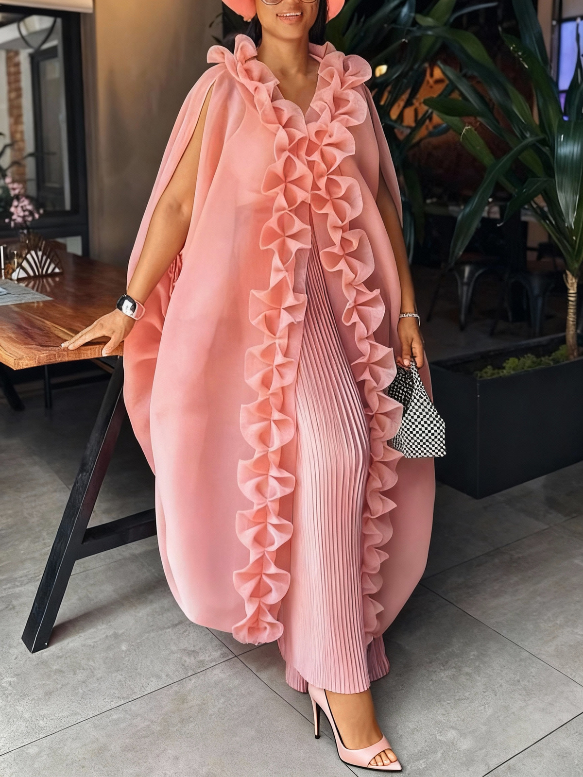 Ruffle Trim Cape Overlay & Pleated Wide-Leg Pants Two-Piece Set