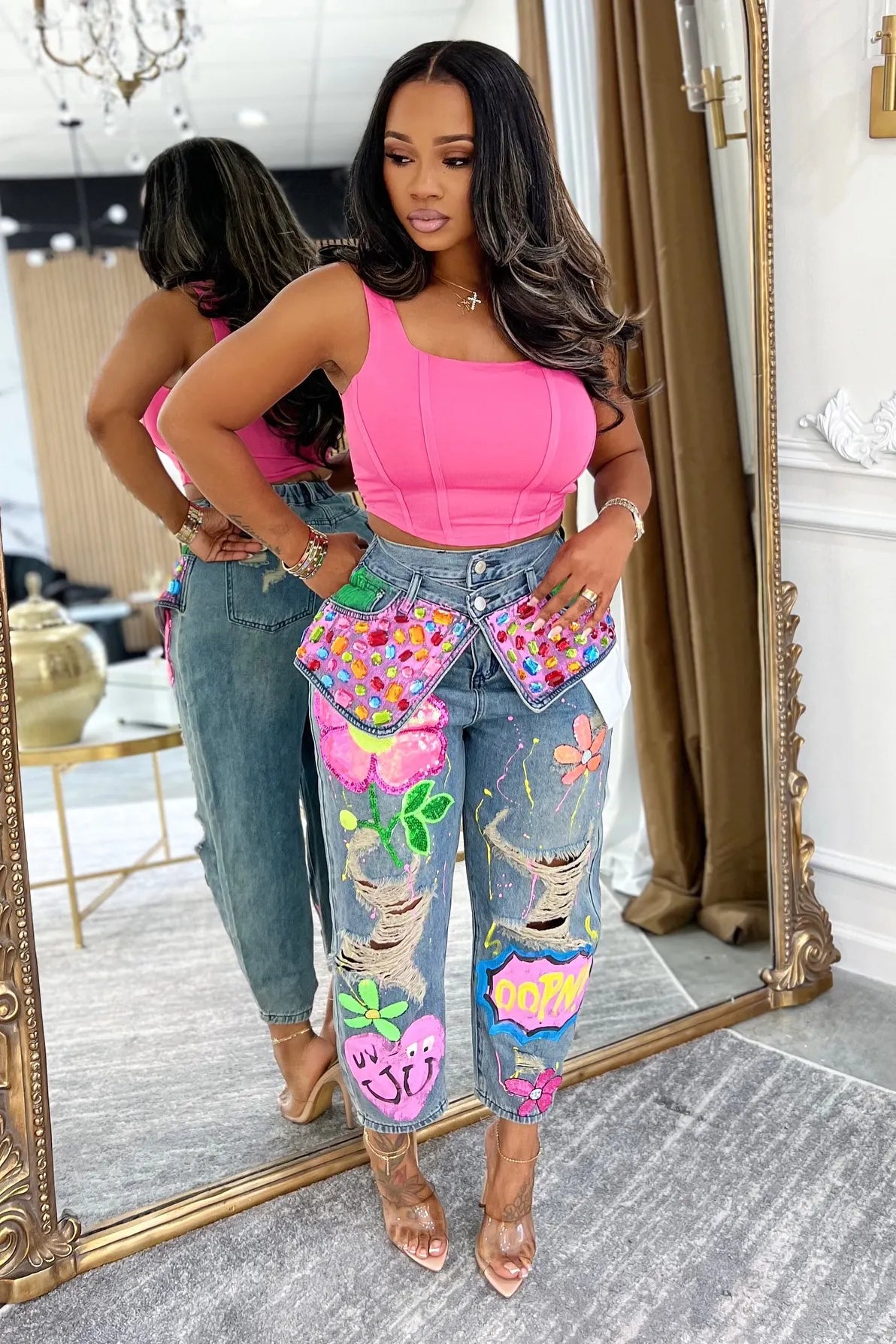 Fashion Rhinestone Washed Ripped Print Jeans