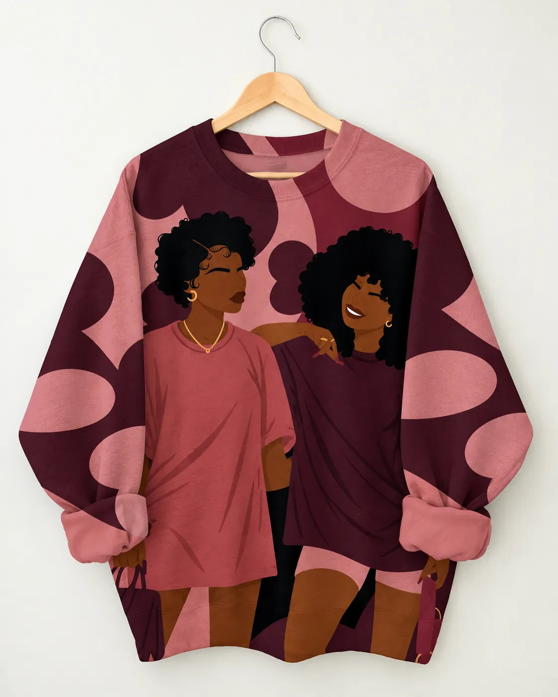 Pink Burgundy Abstract Two Women Graphic Sweatshirt