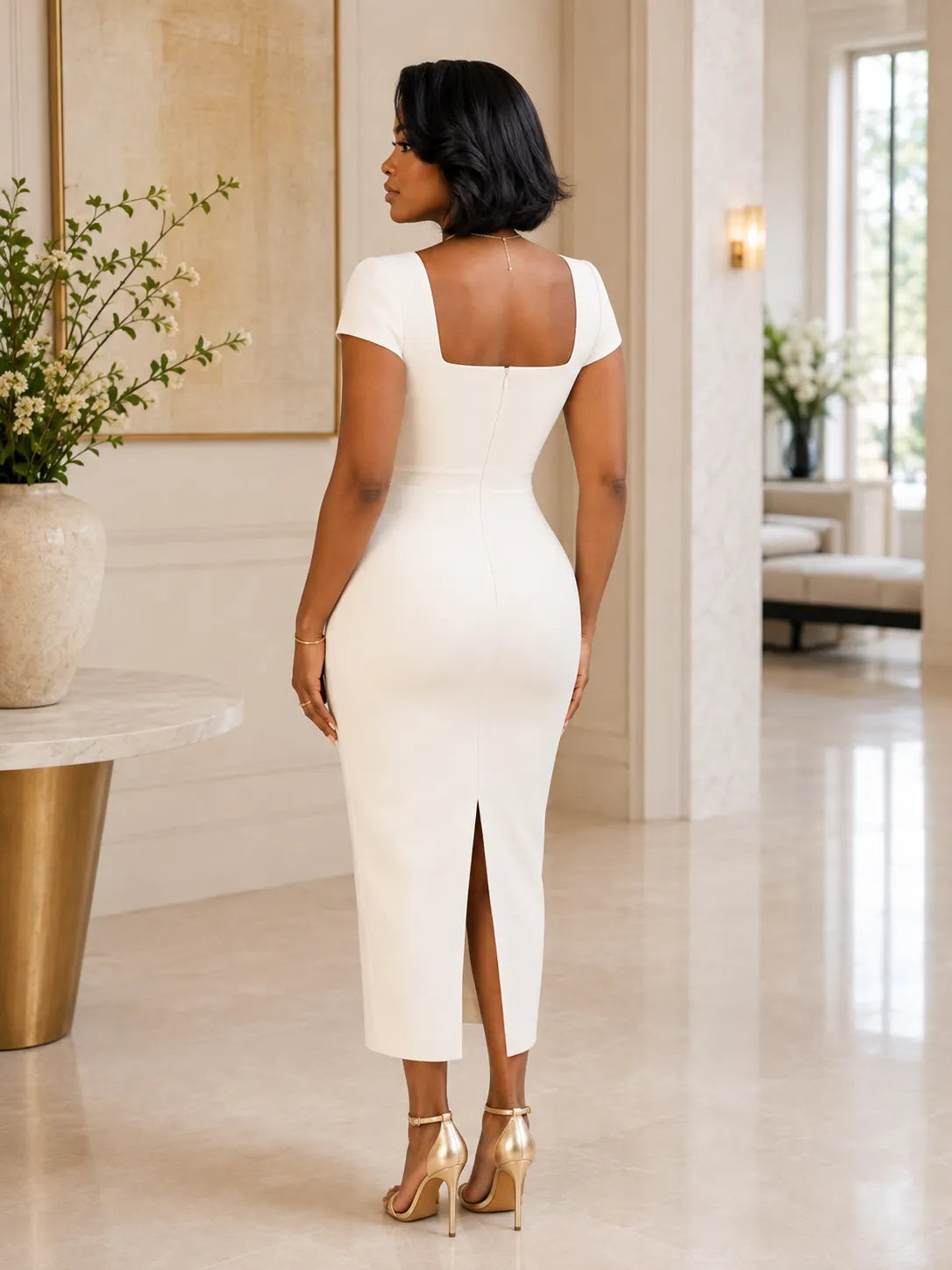 Square Neck Orchid Print Sheath Midi Dress