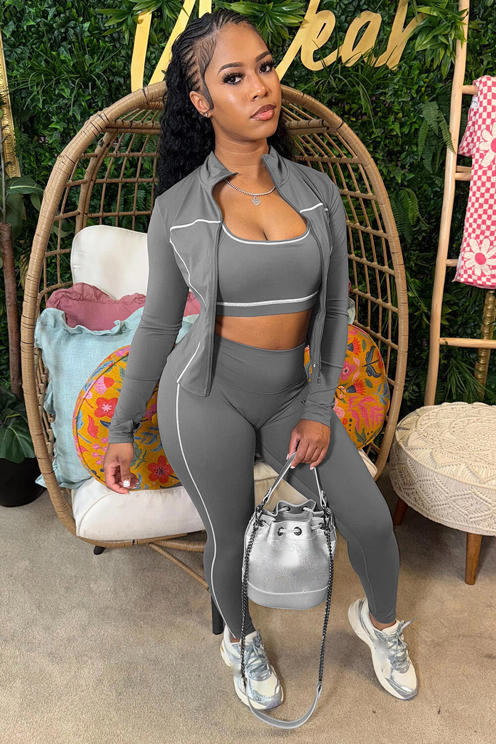 Colorblock Trim Track Jacket Crop Tank Top Leggings Casual 3pcs Set-Black