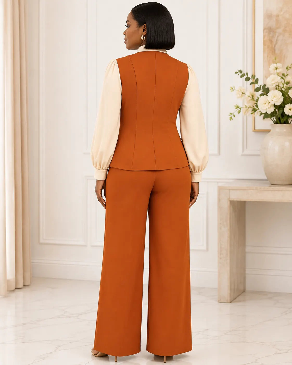 Color-Block Double-Breasted Peplum Vest and Wide-Leg Pants Two-Piece Set