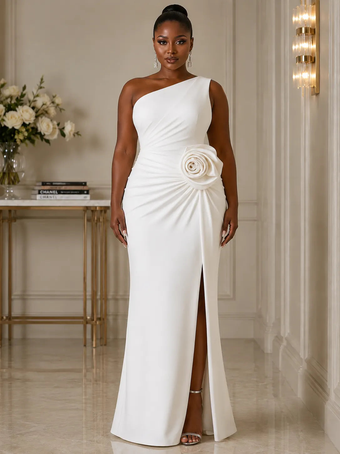 Oblique Collar Ruched 3D Floral Slit Slim Fit Maxi Dresses-White [Pre Order]