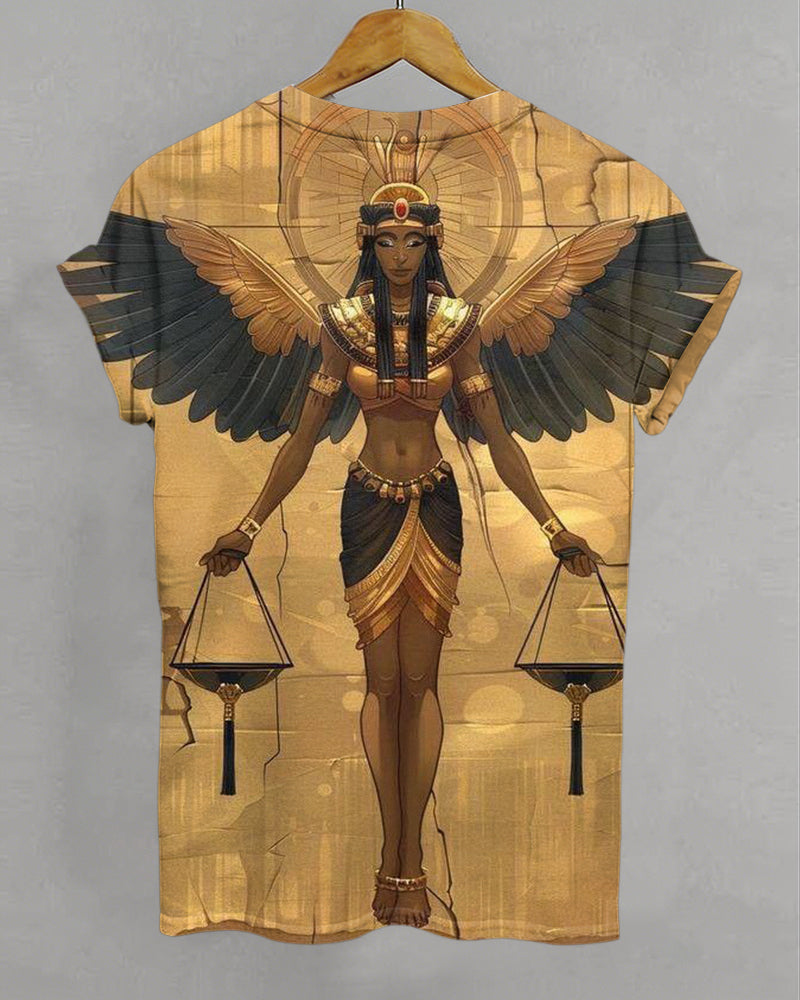 Retro Egyptian Goddess Print Crew Neck Short Sleeve T-Shirt