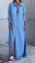 Women's Lapel Denim Extra Long Slit Casual Dress