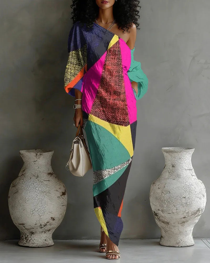 Abstract Geometric Color Blocking Cotton-Linen Blend One-Shoulder Flowing Elegant Dress