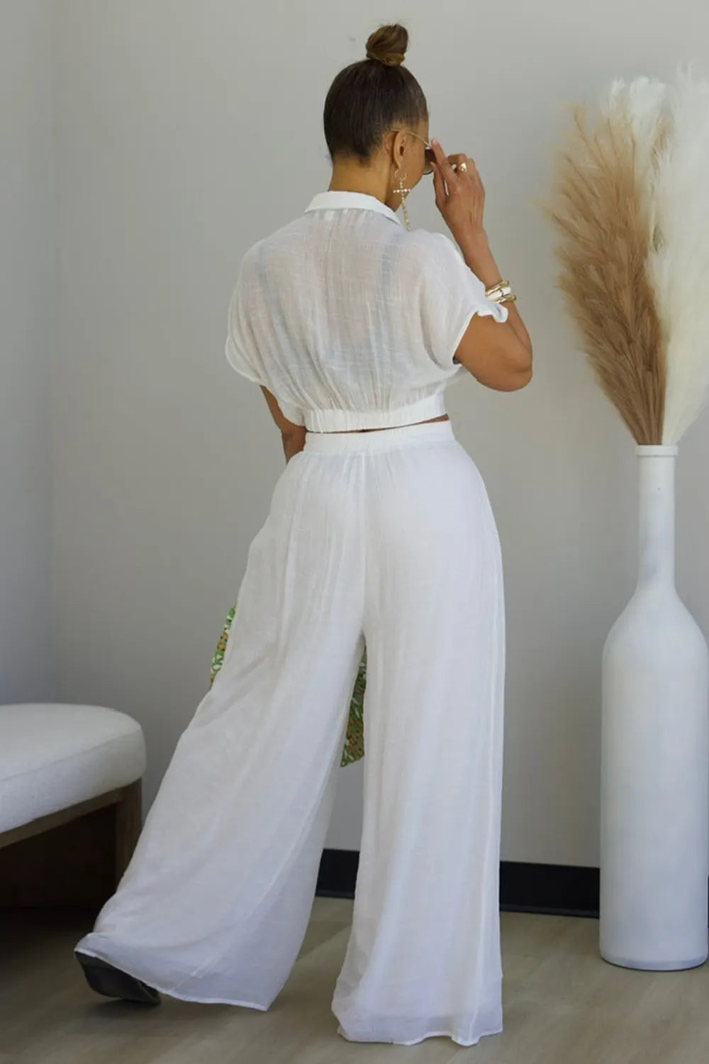 V Neck Dropped Shoulder Blouse Wide Leg Pants 2pcs Set-Pink [Pre Order]