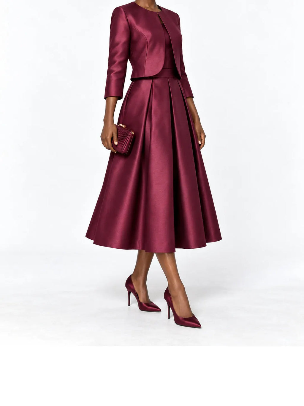 Burgundy Satin Cropped Jacket and Midi Skirt Set