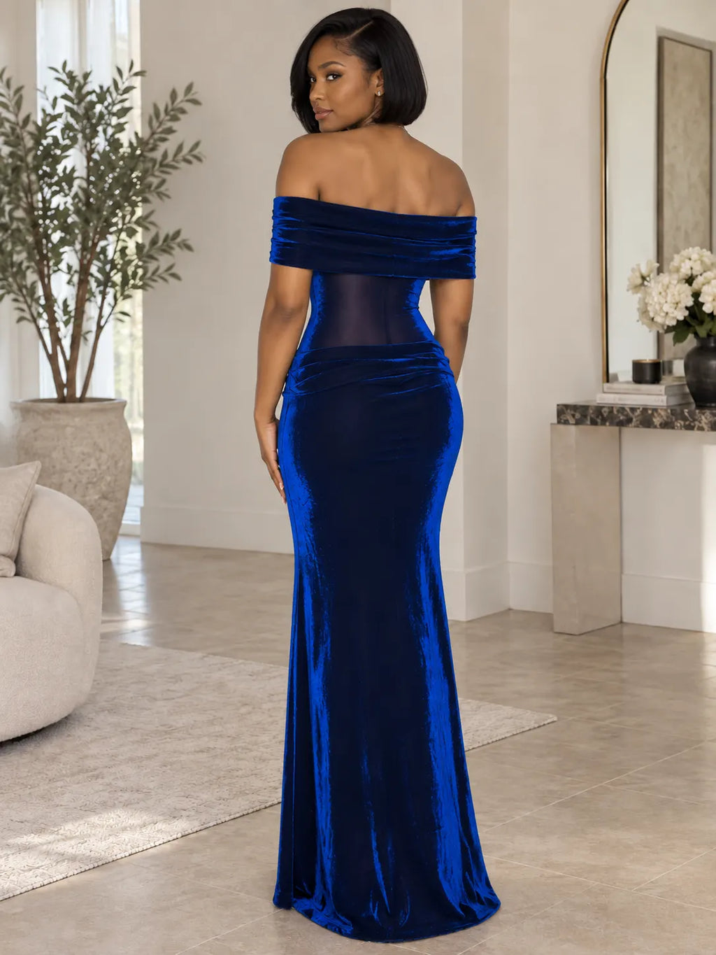 Off-Shoulder Velvet Mesh Waist Mermaid Gown