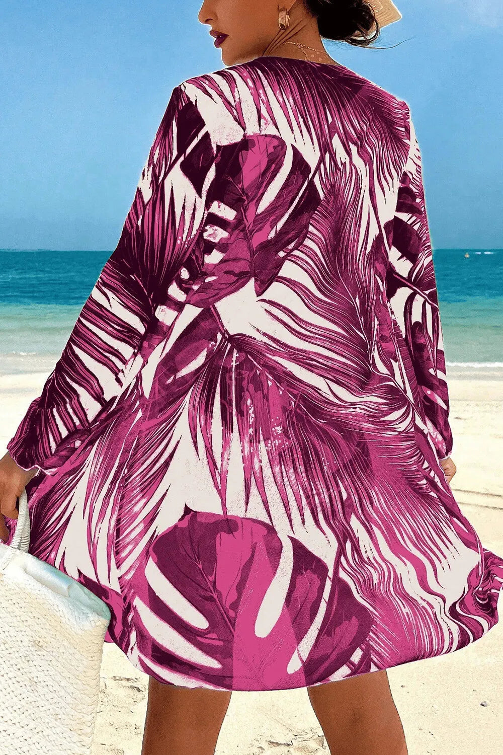 Tropical Print Long Sleeve Cardigan Split Swimsuit Tankinis 3pcs Set-Green