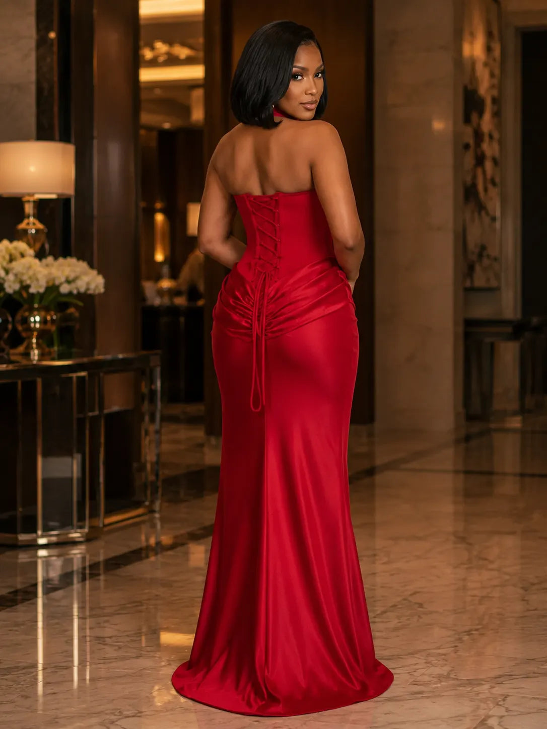 Strapless Draped Halter Scarf Slim Fit Satin Evening Gowns Maxi Dresses