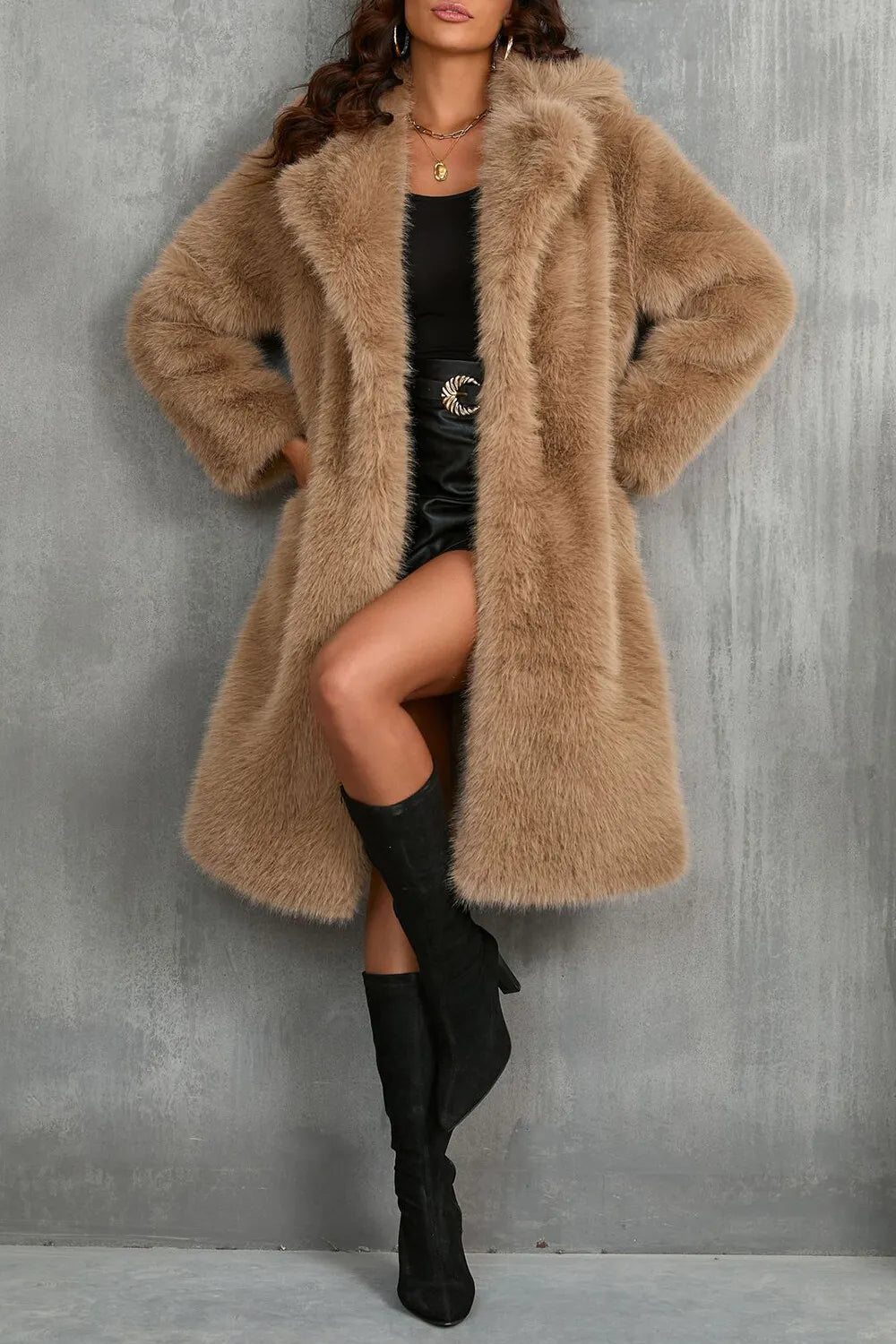 Notch Collar Long Sleeve Faux Fur Fuzzy Overcoat-Camel