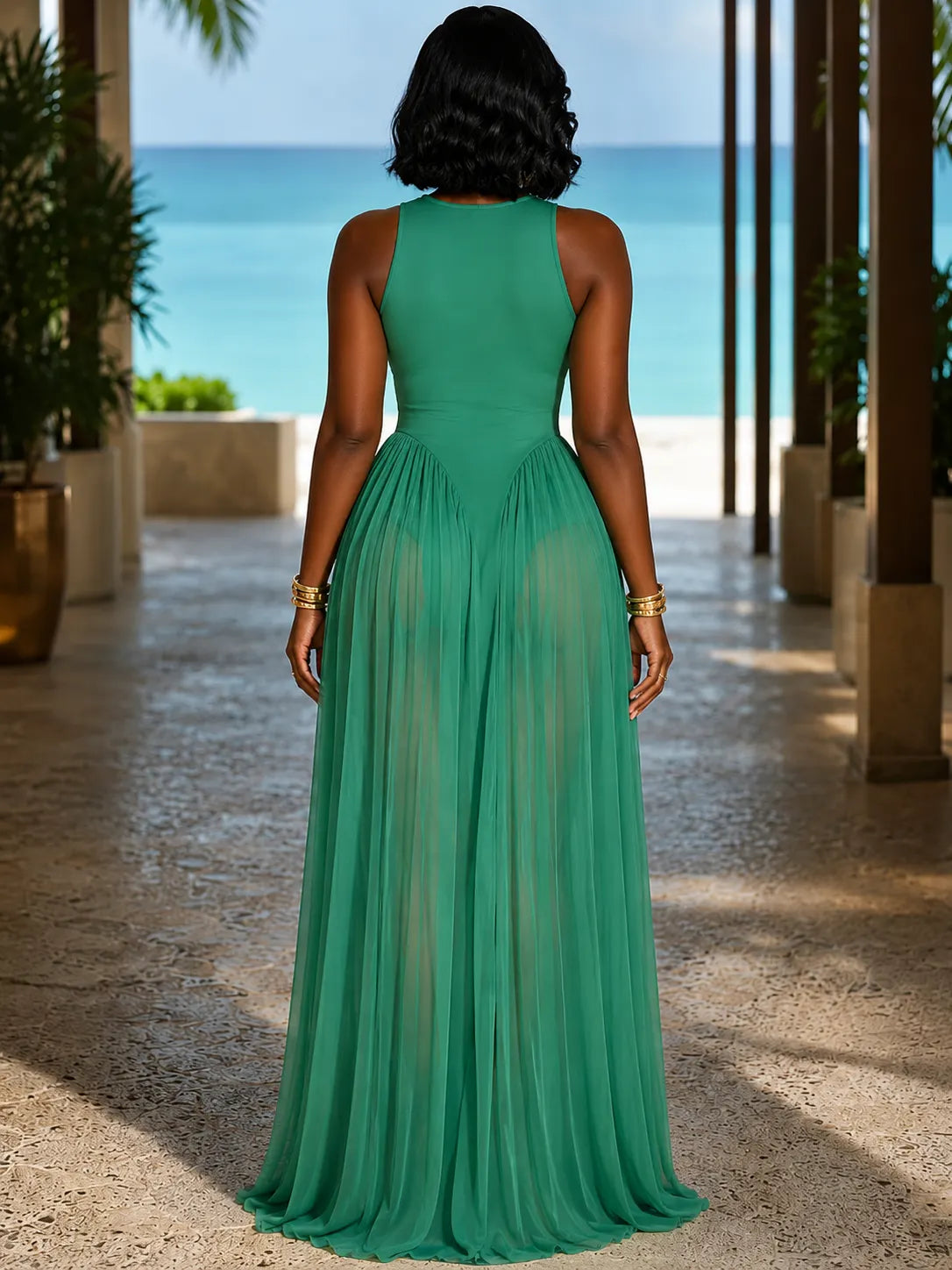 Round Neck Sleeveless Mesh Patchwork Cinch Waist Vacation Maxi Dresses-Green